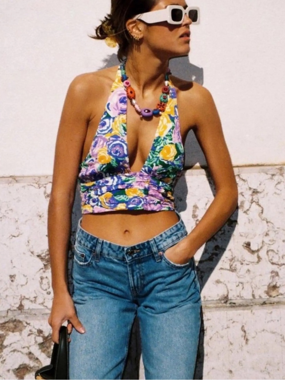 Zara Multicolor Floral Halter Top in Yellow, Purple & Green